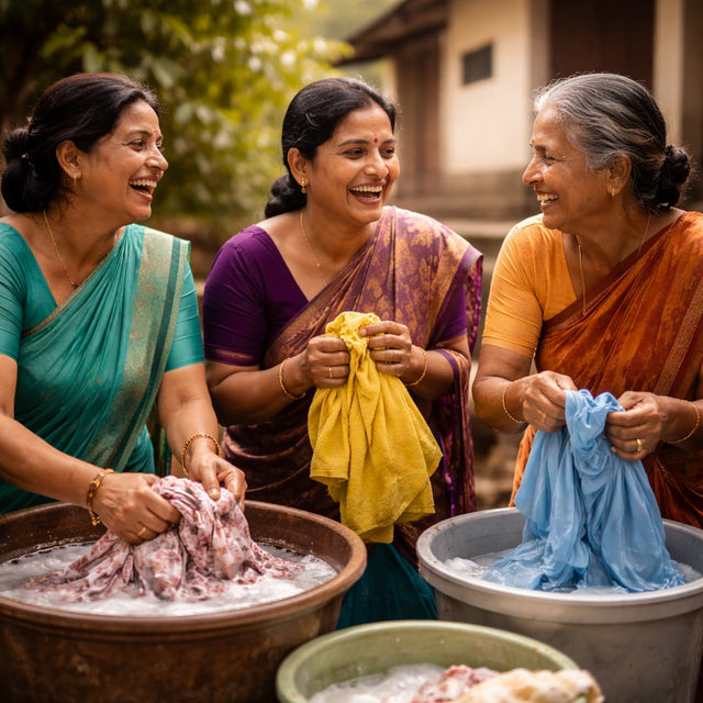 Three women washing clothes outdoors.