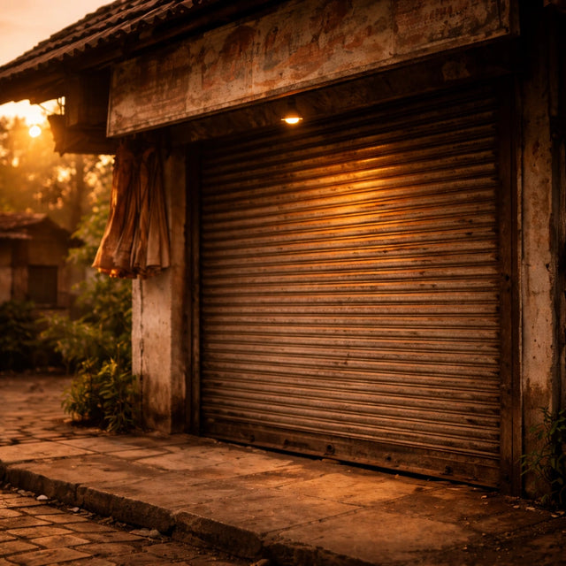 Old building with a closed shutter at sunset