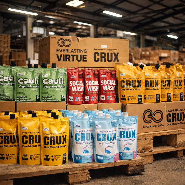 Various boxes and bags of CRUX products in a warehouse setting